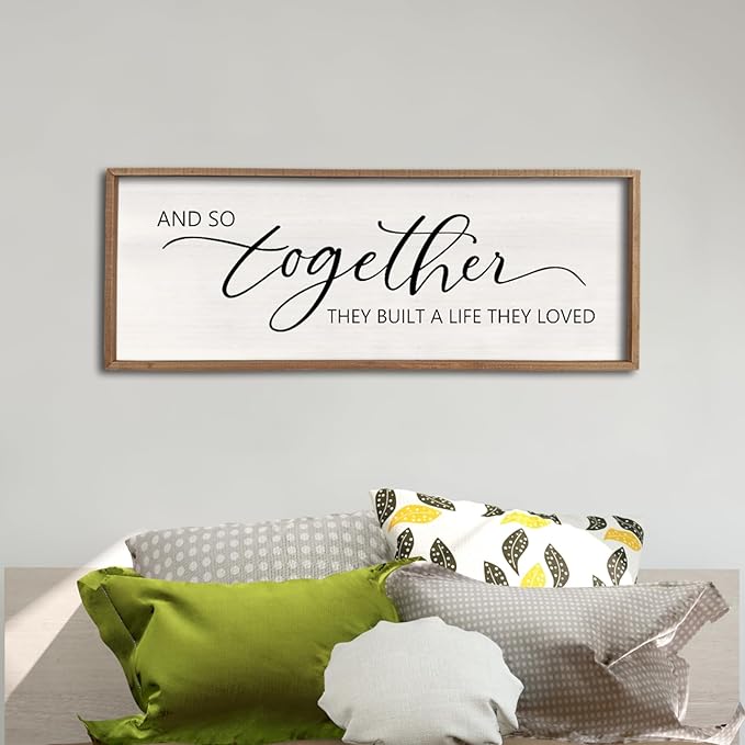 comurdyo And So Together They Built A Life They Loved Sign 32”X12” Master Bedroom Above Bed Wall Decor Large Framed Wood Farmhouse for Over Bed Bedside Wall Art for Love Sign Decor (Wood)