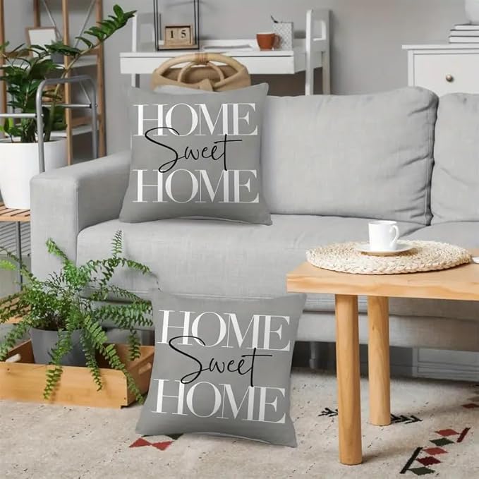 2pcs Modern Home Sweet Home Throw Pillow Cover, Decorative Gray Cushion Case with Typography Design, Square，18x18 Pillows Linen Pillowcase