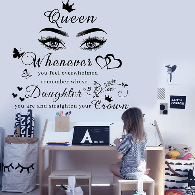 Girls Inspirational Wall Stickers Wall Art Quote Queen Wall Decals Positive Motivational Butterfly Decor Eyes Wall Sticker for Women Girls Bedroom Living Room Beauty Salon Home Decor.