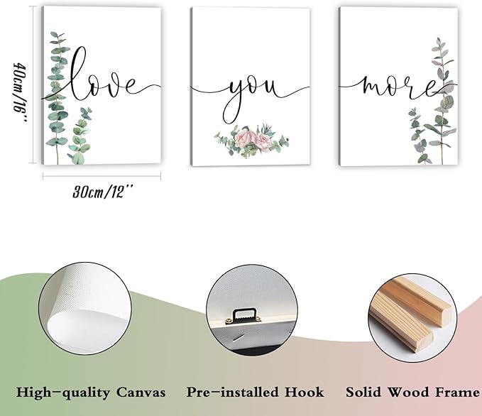 1 KINGO Love You More Wall Art: 12"x16"Love Quotes Bedroom Wall Decor Above Bed, Set of 3 Eucalyptus Wall Art Canvas Prints, Sage Green Botanical Decor for Modern Farmhouse Master Bedroom Living Room