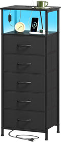 Somdot Black Nightstand with Charging Station and LED Light for Bedroom, Tall 5 Drawers Dresser with Fabric Bins for Bedside Kids Dorm Room Closet Laundry Entryway, Black