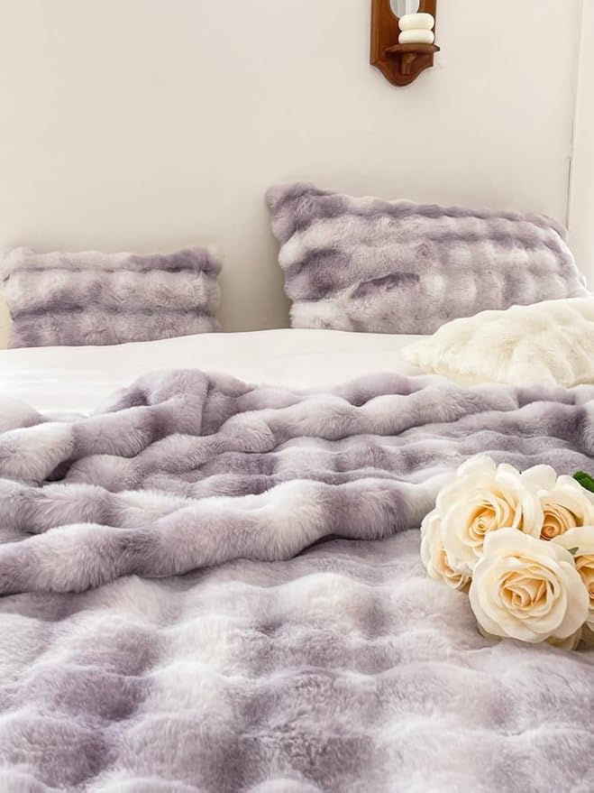 H&D Faux Fur Throw Blanket for Couch,Fluffy Cozy Soft Plush Luxury Thick Fuzzy Fleece Blanket for Couch Bed Sofa Bedroom Living Room,Comfy Bubble Blanket