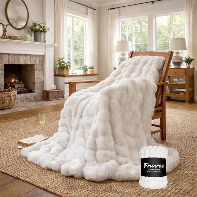 Luxury Double-Sided 3D Bubble Faux Fur Throw Blanket – Ultra Plush & Fluffy Cream White Cozy Blanket for Couch, Sofa & Bed | Soft Gift for Women, Birthday, Housewarming, 50" x 60"