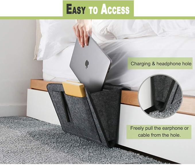 DOURR Felt Bedside Caddy Bed Dorm Bunk Organizer Storage Pocket for Organizing Tablet Magazine Phone Small Things Holder (Gray)