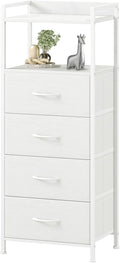 Somdot White Nightstand with 4 Drawers, Vertical Storage Tower Fabric Dresser for Bedroom, Nightstand Bedside Table Furniture, Sturdy Steel Frame, Wooden Top & Easy Pull Fabric Bins