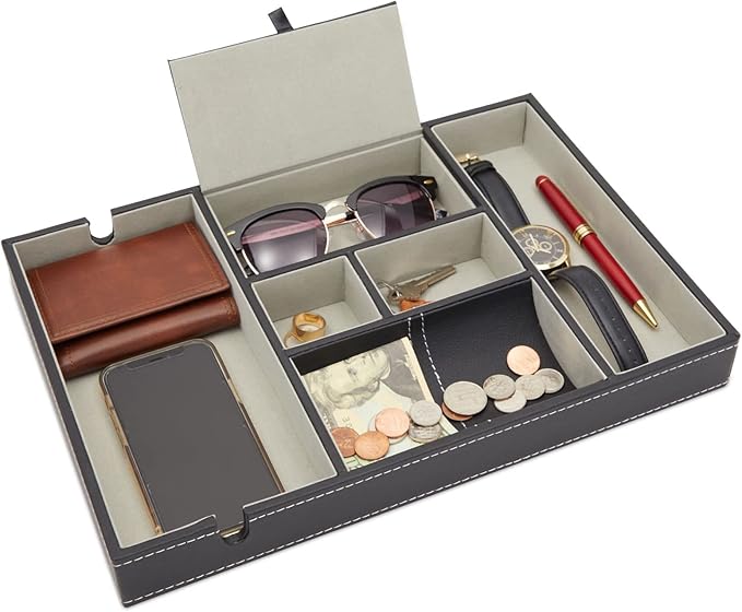 Juvale Nightstand Organizer Tray - 14 x 10 x 1.5 in, Black Faux Leather - Valet Tray for Men with 6 Compartments for Watch, Jewelry & Keys