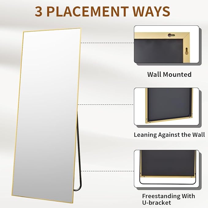VooBang Mirror Full Length - 21" x 57" Floor Mirror with Stand, Aluminum Alloy Frame Full Body Mirror, Standing Hanging or Leaning Against Wall for Bedroom and Living Room, Gold