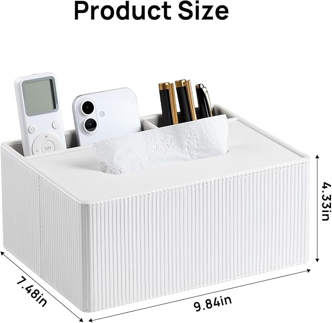 Tissue Box Cover Rectangle with 2 Compartments Remote Holder, PU Leather Tissue Box Holder Rectangle for Livingroom NightStand, Tissue Holder for 120(3-Ply)/160(2-Ply) Tissue Box (Ivory)