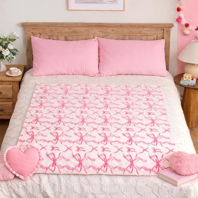 Pink Bow Throw Blanket –Easter Soft Fleece Blanket for Girls and Women, Coquette Aesthetic Room Decor for Bed, Couch, Chair, Preppy Bedroom or Gift, Cute Pink Bow Decor Blanket