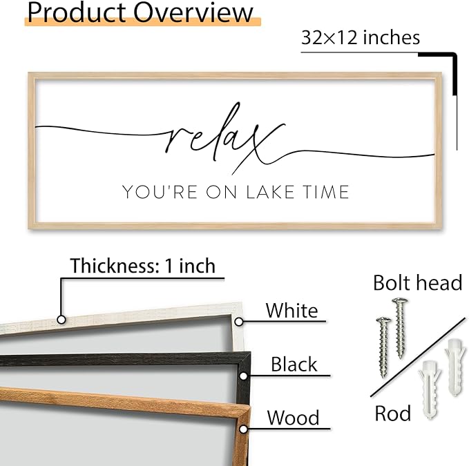 SRSZHIYUE Relax You're On Lake Time Wall Decor Above Bed Sign 32"×12" for Lake House Bedroom Over Bed Large Vintage Wood Framed Farmhouse Lake Lover Home Hanging Art (Wood)