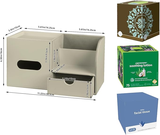 Square Tissue Box Cover with Tray and Organizer,Multi-Functional Decor Cube Tissue Box Holder,Tissue and Remote Control Holder for Vanity,Nightstand,Bathroom,Home,Office