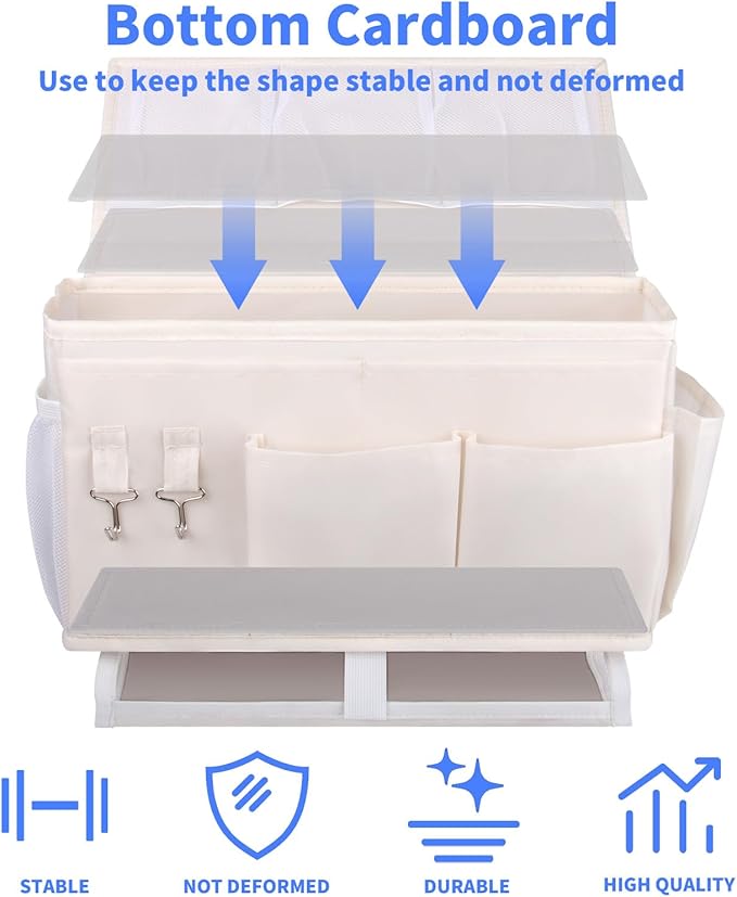 Bedside Caddy for Dorm Bed Bedside Organizer, Bedside Storage with 10 Pockets and Power Strip Holder, Multifunctional Bedside Pocket for Home, College, Dorm, Bunk/Hospital/Crib Bed (Beige)