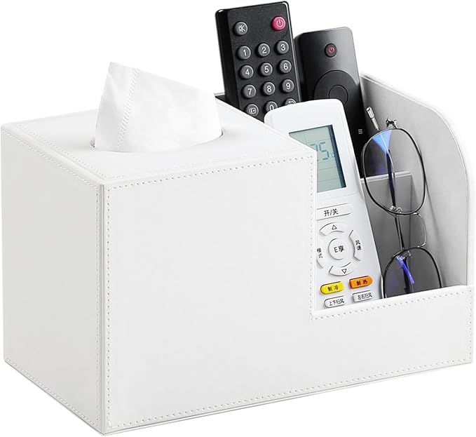 PU Leather Tissue Box Cover with Remote Control Holder, Square Tissue Box Holder for Living Room Bathroom Office (Cream-White)