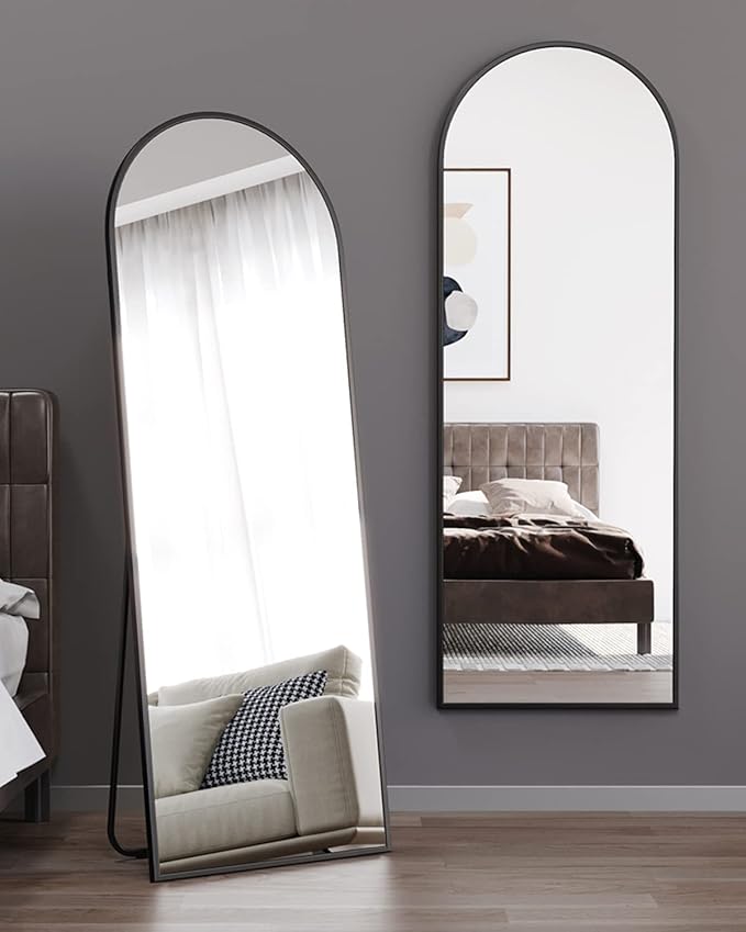 Floor Mirror, Full Length Mirror with Stand, Arched Wall Mirror Full Length, Black Floor Mirror Freestanding, Wall Mounted for Bedroom, Black