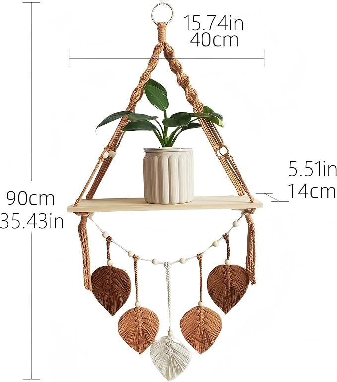 Boho Floating Shelves for Wall Decor with Macrame Leaf - No Drilling Wooden Wall Shelves, Natural Finish - Decorative Storage Shelf for Bedroom, Living Room (Brown)