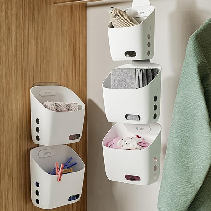 LeleCAT Plastic Hanging Basket Kitchen Storage organizer, Basket with Detachable hook, Hang it behind a door or on a railing, Over the Cabinet Door (Light White, Large) 2pack