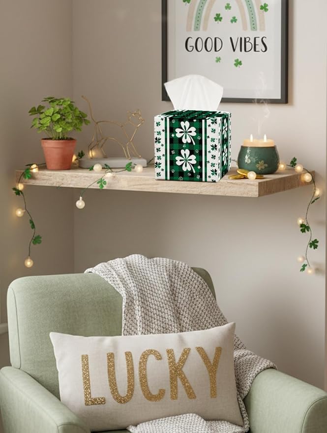 St.Patrick's Day Napkin Tissue Box Cover, Clover Buffalo Plaid Shamrock Waterproof Leather Paper Organizer Dispenser for Table Dining, Bathroom, Nightstand Vanity, Car, Housewarming Gift Ideas, B