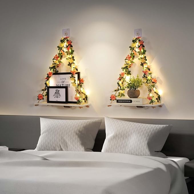 EXIN DECHEN Floating Shelves for Wall No Drilling,Wall Shelves,Hanging Shelf,Leaves and Light Strip with Flower,Set of 2 Plant Decor for Home Livingroom Bedroom,Led Room Decor Aesthetic,Gift