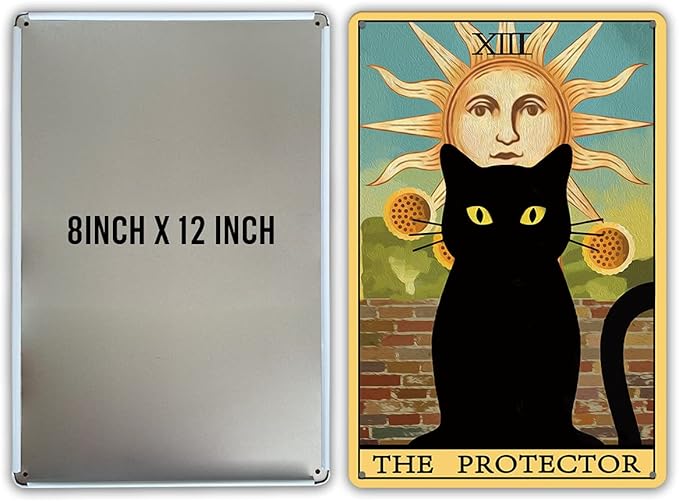 QIONGQI The Protector Tarot Cat Metal Tin Sign Wall Decor Farmhouse Rustic Black Cat Tarot Signs for Cat Lovers Home Decor Gifts