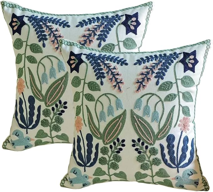 YIcabinet Pillow Covers Set of 2, Embroidered Branch Pattern Throw Pillow Cover,Square Cotton Cushion,Pillow Case for Sofa Bedroom Couch,18"x18"