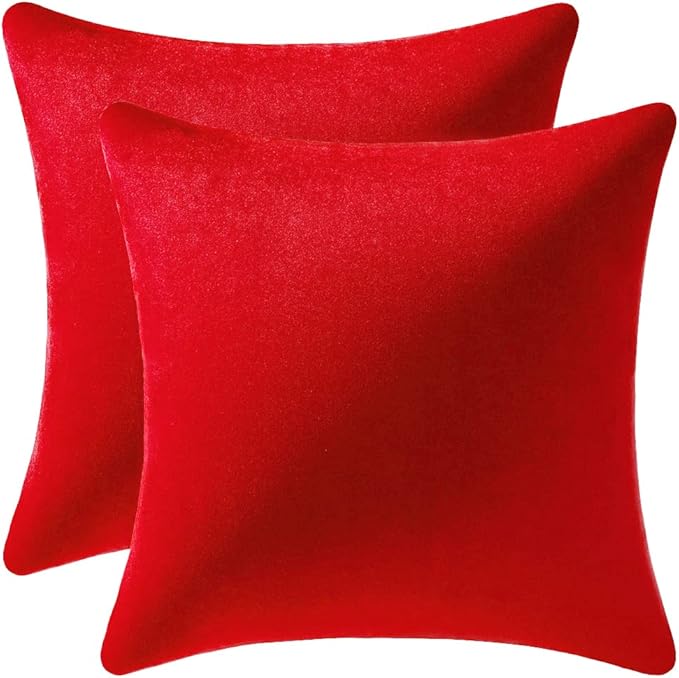 DEZENE Throw Pillow Covers 16x16 Christmas Red: Pack of 2 Cozy Soft Velvet Square Modern Luxury Decorative Throw Pillow Cases for Sofa Couch Living Room Bed Home Decor
