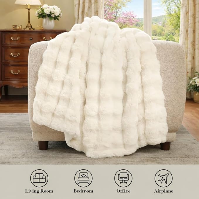 Amélie Home Faux Fur Throw Blanket, Ultra Soft Fuzzy Plush Bubble Blanket for Couch, Bed & Living Room, 60"x80", Cream White