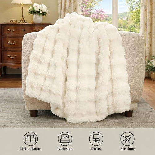 Amélie Home Faux Fur Throw Blanket, Ultra Soft Fuzzy Plush Bubble Blanket for Couch, Bed & Living Room, 60"x80", Cream White
