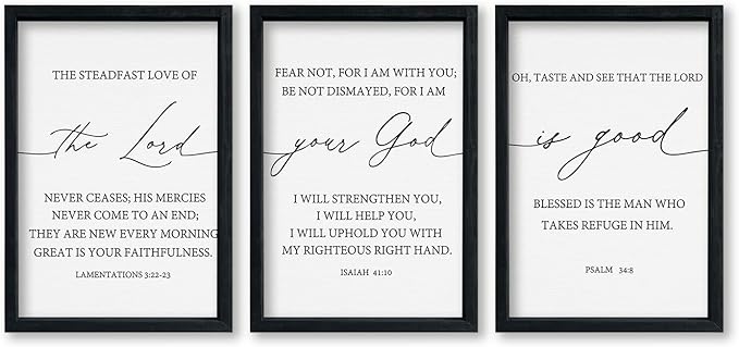 Bible Verses Christian Wall Decor Art The Lord Your God Is Good 16"x11" Set of 3 Scripture Bedroom Above Bed Sign Religious Rustic Home Office Living Room Wall Hanging (Black)