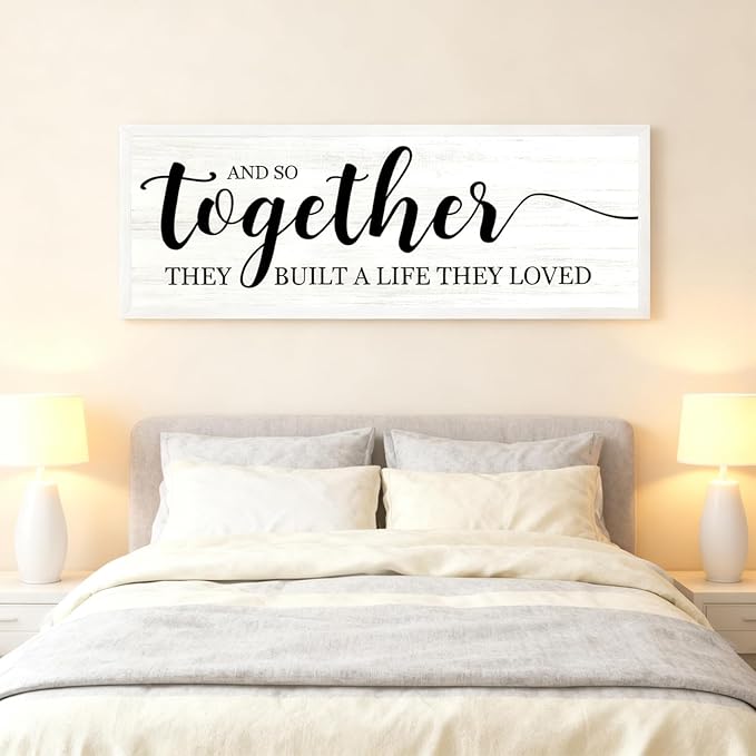 And So Together They Built A Life They Loved Decorative Rustic Sign & Plaque Framed Wall Art for Couples, 40''×15'' Vintage Horizontal Wooden Wall Decor Above Bed, Farmhouse Wedding Gift