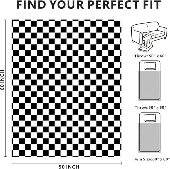 Checkered Blanket Flannel Throw Blankets Soft Cozy Checkered Grid Print Chessboard Gingham Pattern Throws for Bed Sofa Couch for All Seasons, 50x60 Inch, Black