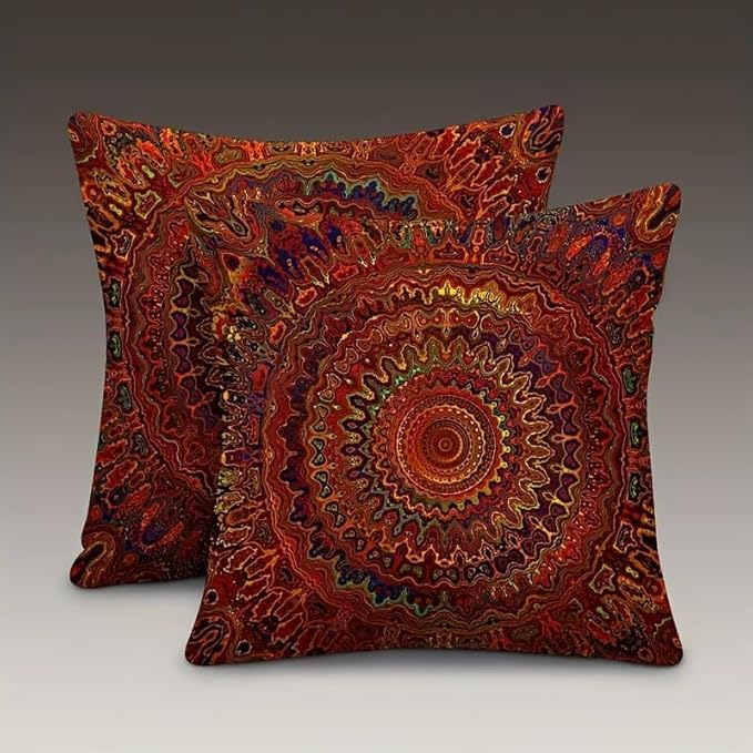 Decorative Linen Throw Pillow Covers, Mandala Pattern, Set of 2 18x18 pillows Red Fantasy Golden Mandala Bohemian Style Modern Decorative Square Pillowcases for Sofa Couch Bedroom Living Room Car