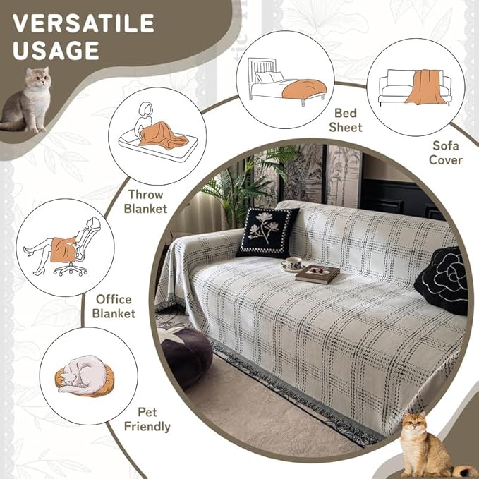 HANDONTIME Couch Cover for Sofa Washable, Checkered Sofa Cover Chic Geometric Design, Pet-Friendly Chenille Furniture Cover for Dogs & Cats Plaid Slip Covers for 3 Cushion Couch (White 71"x150")