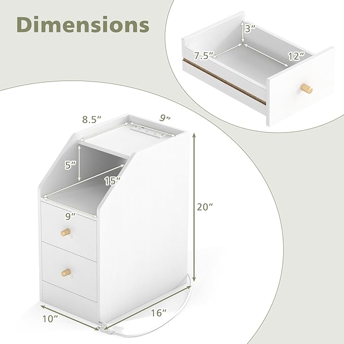 KOMFOTT Set of 2 Side Tables with Charging Station, End Tables with Storage Drawers, Sofa Couch Tables for Small Space, Modern Nightstands for Bedroom (White,2)