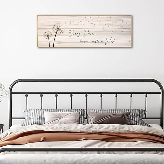 Dandelion Wall Art - Every Dream Begin with A Wish Rustic Farmhouse Wall Decor Framed Canvas Wall Art Bedroom Wall Decor Above Bed Dandelion Art Decor Vintage Room Decor (Wooden Frame) 46x19inch
