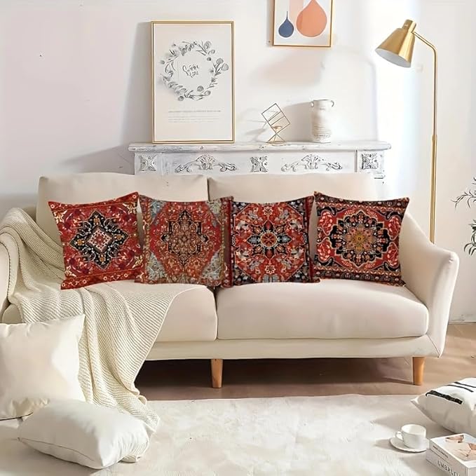 4pcs, Bohemian Ethnic Style Carpet Pattern Throw Pillow Covers, Printed Throw Pillowcase, Throw Pillow Covers Decor, Home Decor, Bedroom Decor, Living Room Decor, 18x18 Pillows Linen Pillowcase