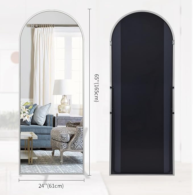 BEAUTYPEAK 65"x24" Full Length Mirror, Arch Full Body Floor Mirror, Wall Mirrors Hanging or Leaning Arched-Top with Stand for Bedroom, Dressing Room, Living Room, Silver