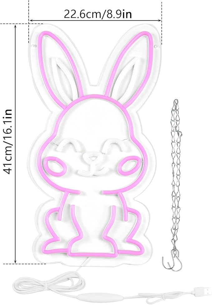 Easter Rabbit Neon Sign for Wall Decor,Dimmable Led Pink Rabbit Neon Signs, USB Powered Rabbit Neon Lights for Children's Room Decoration, Easter Gifts, Birthday Parties Gift