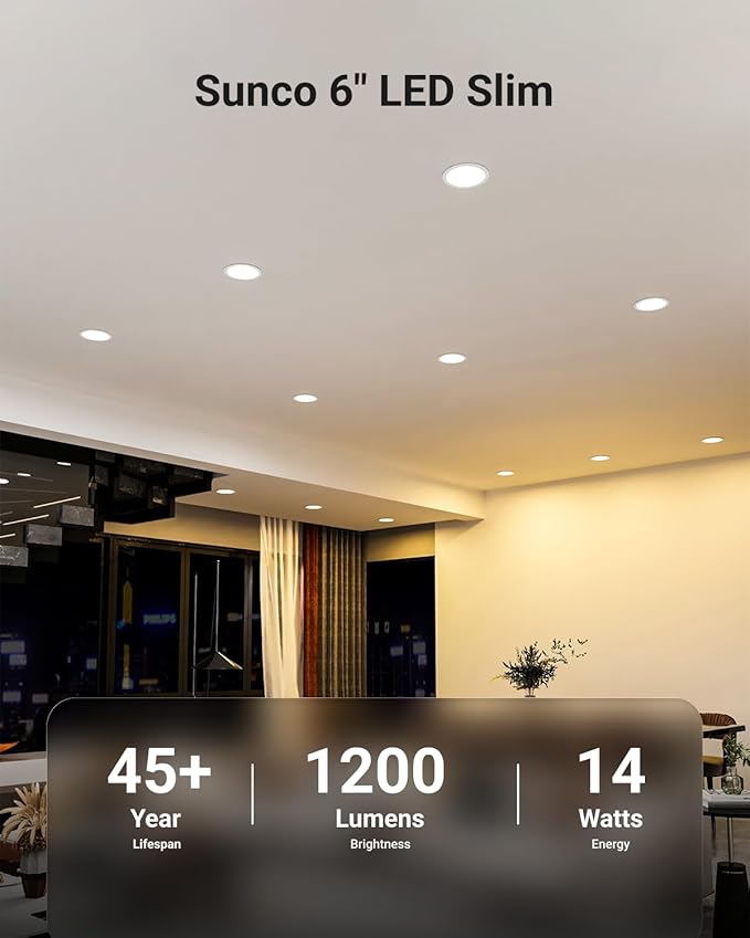 Sunco 12 Pack Recessed Lighting 6 Inch LED, Canless Ceiling Lights Slim with Junction Box, 1200 LM, 14W (100W Equivalent), 6000K Daylight Deluxe, Dimmable, Wafer Thin, 50000 Lifetime Hours ETL.