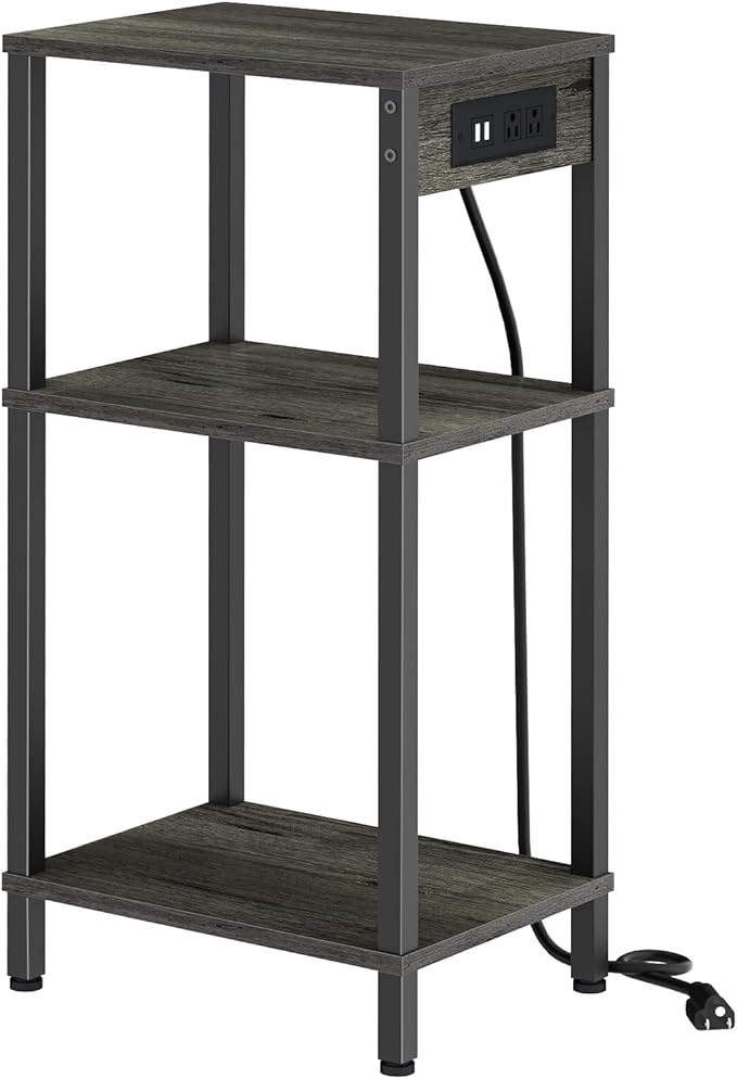 Tall Nighstand with Charging Station, 3 Tier Small End Table with Storage, Skinny Side Table with USB Ports and Outlets for Bedroom, Living Room, Office, Carbon Gray