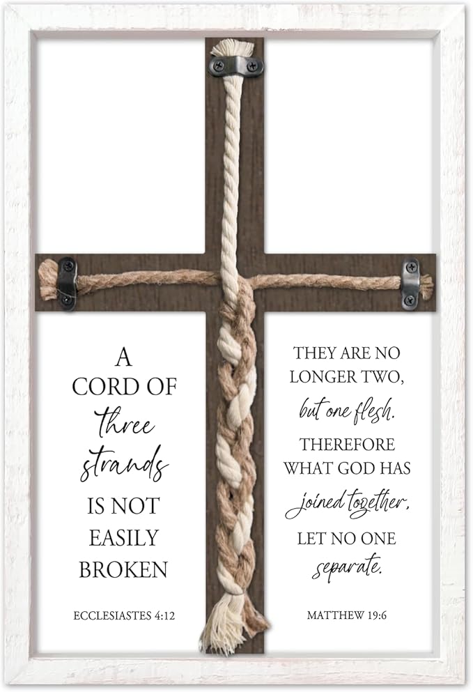 YWJKWLGS A Cord of Three Strands Wedding Ceremony Sign 15x10 Inch Anniversary Unity Knot Cross Christian Marriage Prayer Art Ideas Braid Rope Wall Decor for Couple Religious Wood Framed (White)