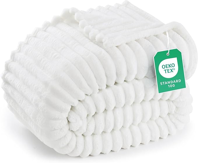 Utopia Bedding Off White Striped Fleece Blanket Queen Size – Fluffy, Warm & Lightweight Ribbed Throw for Bed, Sofa & Chair - Soft Cozy Blanket for Home Décor & Gifting (90x90 Inches)
