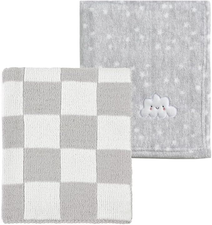 CREVENT 2Pcs 30''X40'' Cute Cozy Fluffy Warm Baby Blankets for Infants Toddlers' Bedding Crib Cot Stroller - Grey Cloud + Knit Checked Grey