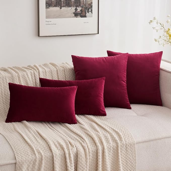 MIULEE Pack of 2 Velvet Soft Solid Decorative Square Throw Pillow Covers Cushion Case for Sofa Couch Bedroom Car 16x16 Inch Wine Red