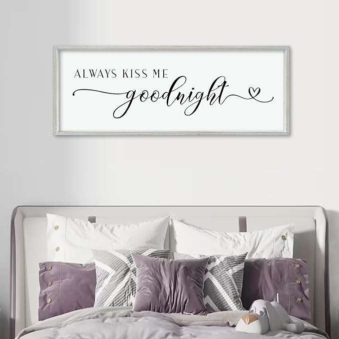 comurdyo Romantic Couple Always Kiss Me Goodnight Sign 40"×15" for Large Modern Rustic Love Theme Master Bedroom Above bed Wood Frame Horizontal Hanging Wall Art Decor (White)