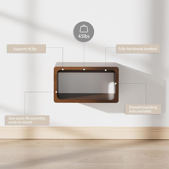 Bamboo Floating Nightstand with Storage Drawer and Modern Open Shelf Cubby，Bedroom, Living Room, Kitchen, Tool Room for use. (Brown, Prepare for Departure)