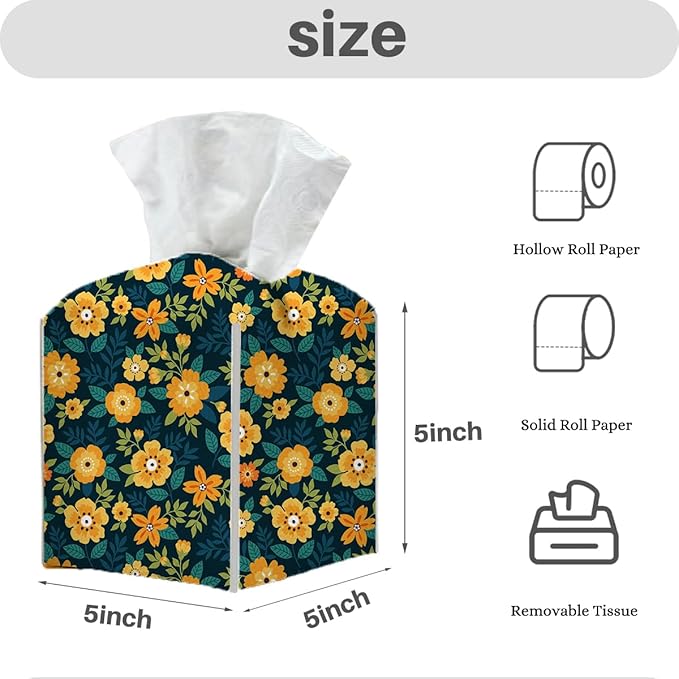 Tissue Box Cover, Tissue Box Holder, Square with Belt Bottom, PU Leather Decorative Organizer for Desk, Tabletop, Countertop Bathroom, Toilet Car, Office, Dresser, Aesthetic Yellow Flower Decor