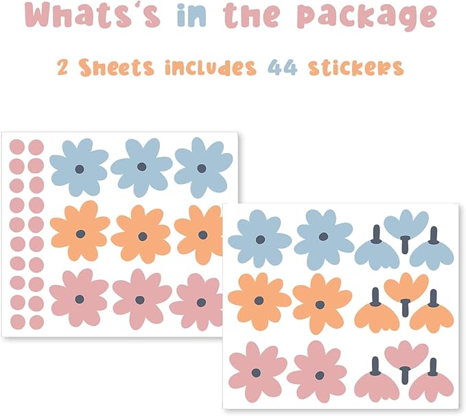 Daisy Wall Decals,Flower and Dots Retro Decor for Bedroom, Nursery, Kids’ Room(2)