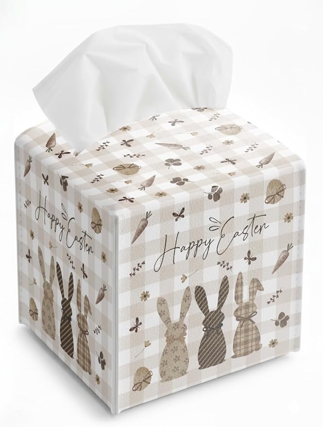 Easter Day Napkin Tissue Box Cover, Buffalo Plaid Bunny Runner Waterproof Leather Paper Organizer Dispenser for Table Dining, Bathroom, Nightstand Vanity, Car, Housewarming Gift Ideas, K