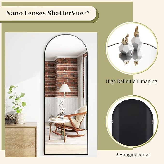 BEAUTYPEAK 64"x21" Full Length Mirror, Arch Full Body Floor Mirror, Wall Mirrors Hanging or Leaning Arched-Top with Stand for Bedroom, Dressing Room, Black