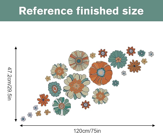Supzone Boho Retro Floral Wall Decals Large Vintage Flower Wall Stickers Colorful Hippie Flower Wall Art Stickers for Bedroom, Living Room, Offices, Sofa, TV Backdrop Decoration